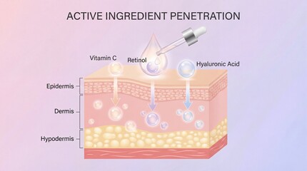 Obraz premium 3D layered skin structure with light penetration showing epidermis dermis hypodermis vitamin C retinol hyaluronic acid and active ingredient absorption