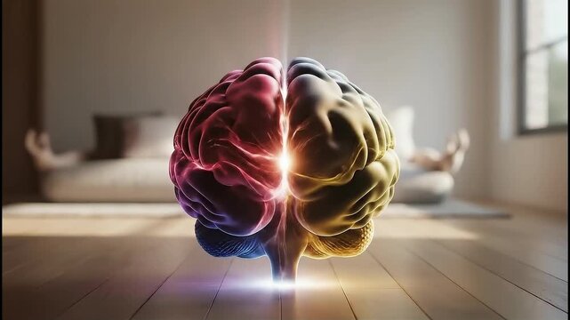 Abstract digital art depicting a human brain split into logical and creative hemispheres radiating light representing innovation artificial intelligence and cognitive processes in a modern setting