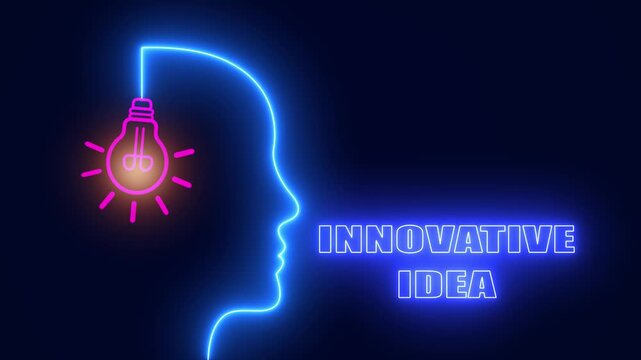 Innovative idea neon head with glowing bulb for tech based research and futuristic solution for startup brands