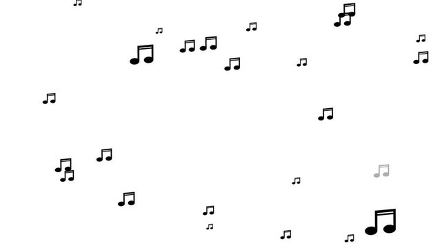 Black musical notes floating animation on white background. Animated black music symbols rising upwards for video overlay.