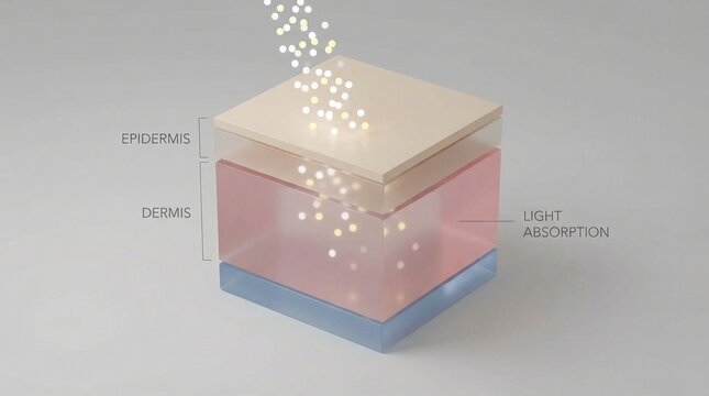 3D layered skin structure with light absorption, showing epidermis and dermis layers, soft colors, scientific and educational, glowing light effect, modern style