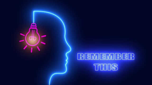 Remember this neon head with glowing bulb for memory retention tips and revision guides for academic test prep