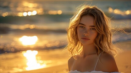 Beautiful young woman with wavy blonde hair enjoying a golden sunset on a sandy beach with ocean waves in the background.