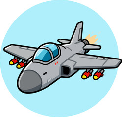 Naklejka premium Cartoon Modern Fighter Jet Side View with Missiles and Jet Flames, Colorful Vector Illustration