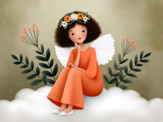 Fototapeta premium Little angel girl sitting on cloud with flowers