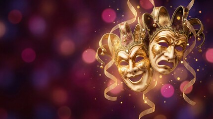 Golden Masks Float in a Vibrant Celebration Scene with Comedy and Tragedy Faces in a Theatrical Performance Setting