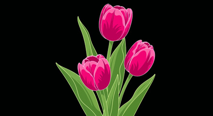 Three vibrant pink tulips with lush green leaves on a stark black background