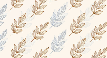 Delicate hand-drawn leaf pattern in warm brown and cool blue on a cream background