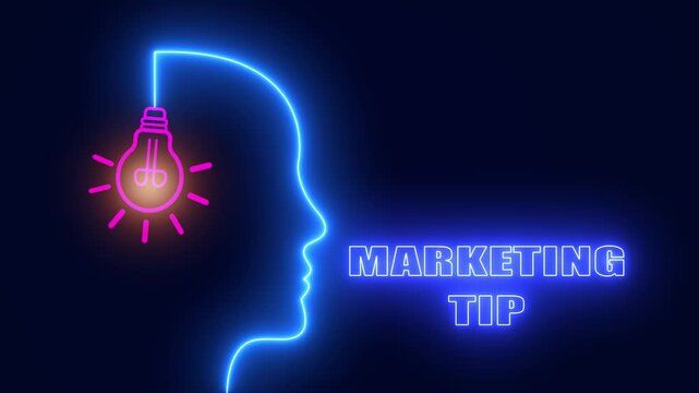 Marketing tip neon head with glowing bulb for brand strategy tutorials and digital advertising trends for agencies