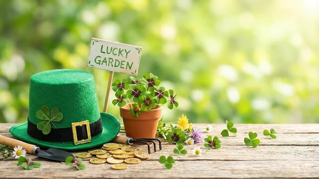 Lucky Garden Scene for St. Patrick's Day with Four Leaf Clover and Leprechaun Hat