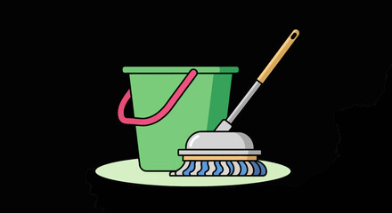 Essential household cleaning supplies: a green bucket and a floor mop for domestic hygiene