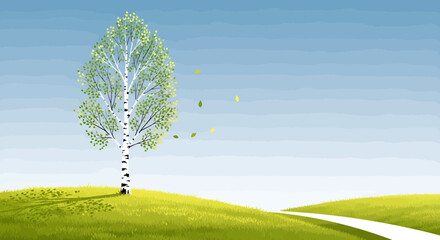 A serene landscape illustration featuring a lone birch tree on a vibrant green hill with a winding path
