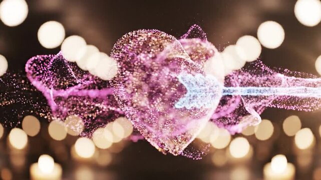 Sparkling Heart pierced by glowing arrow with bokeh lights romantic love concept