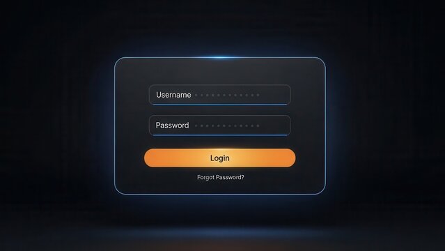 Sleek and futuristic glassmorphism-style dark mode login form user interface element featuring a vibrant orange gradient button and subtle blue neon glowing borders, presented on a dark abstract
