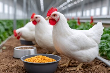 White chickens feeding in indoor poultry farm