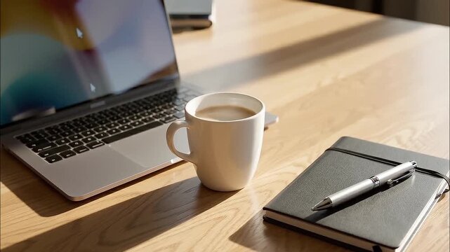 A cinematic close up of a coffee cup with a laptop and notebook on a wooden table, featuring natural light and smooth camera movement