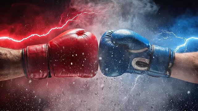 Boxing Gloves Clash Intense Red vs Blue Boxing Match. A Symbol of Strength, Competition, and Power