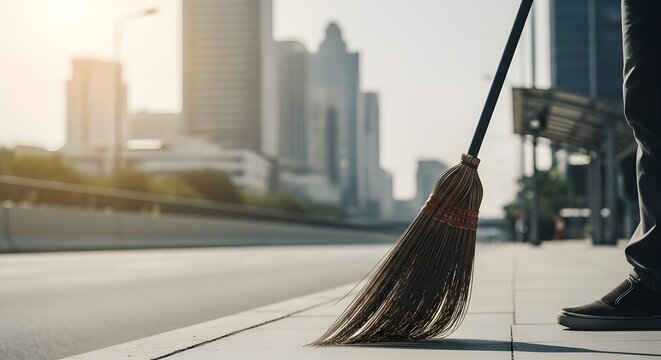 Person sweeping city street with a broom