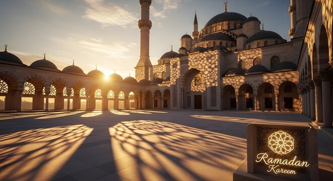 Beautiful mosque architecture with dome and minaret at sunrise