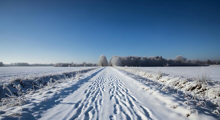 Obraz premium Snowy road through a serene winter landscape with tire tracks
