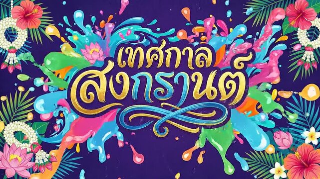 Colorful Songkran Festival Illustration with Tropical Elements and Golden Thai Script