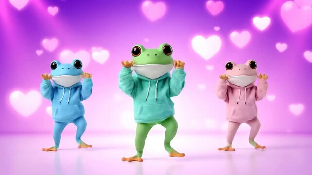 Three cute pastel frogs performing synchronized K-Pop dance routine on stage animation