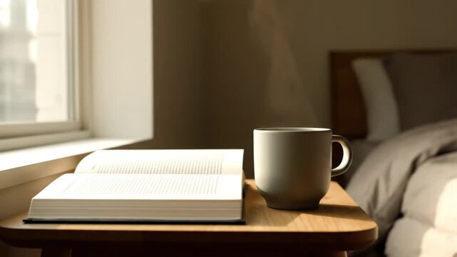Cozy reading corner with book and coffee near window