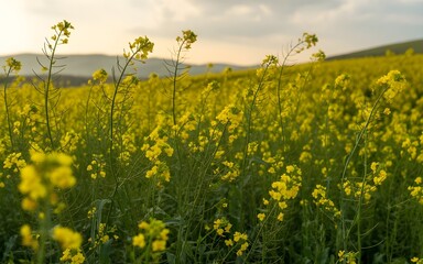 Fototapeta premium Canola Field at Sunset: Golden canola flowers blanket a rolling field, illuminated by the warm, inviting light of a setting sun. A breathtaking view of nature's beauty