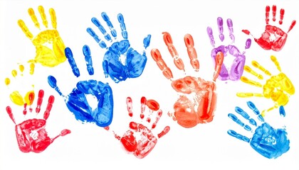 Colorful Painted Handprints on White Background