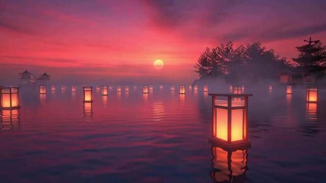 realistic 4K animated Japanese hot spring scene sunrise red gold sky mist rising steaming water, hundreds of floating paper lanterns warm glowing lights, reflective water surface ripples, ethereal