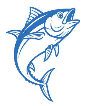 Simple blue outline jumping tuna logo design for seafood and fishing brand