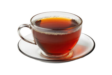 Hot beverage served in a glass cup with a saucer on a plain background