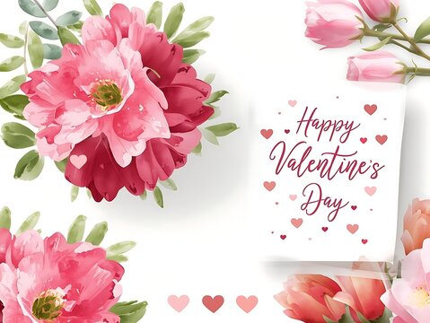 Beautiful Romantic Watercolor Greeting Card Design with Pink Flowers for Valentine's Day