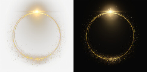 Golden swirl ring PNG with glitter and glowing sparks. Light circle aura isolated on transparent background for luxury, festive, and elegant design dust ring gold © Alehandro