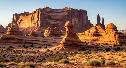 Golden sunlight illuminates red rock formations in desert landscape