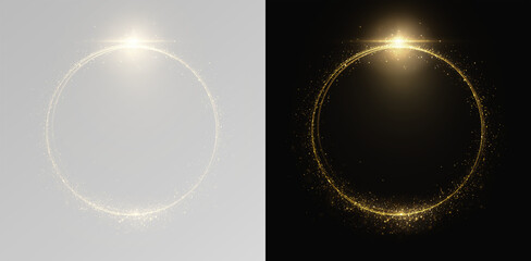 Golden swirl ring PNG with glitter and glowing sparks. Light circle aura isolated on transparent background for luxury, festive, and elegant design dust ring gold © Alehandro