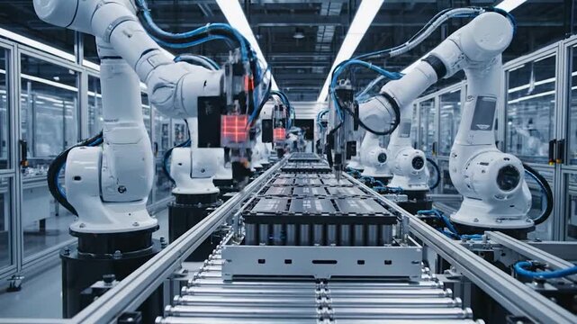 Robotic arm assembling battery pack futuristic assembly line electric vehicle.