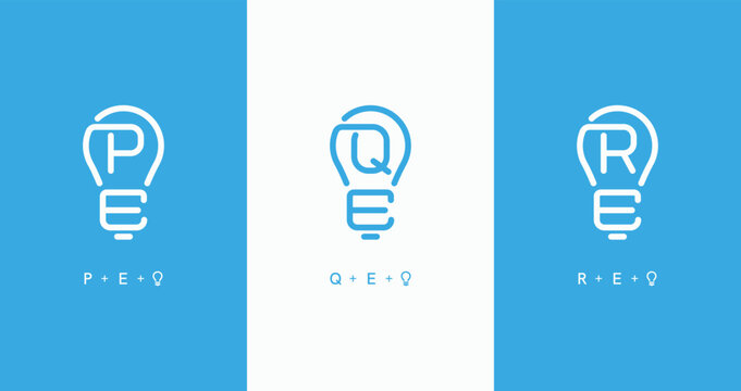 Set of initials letter PE QE RE simple line lightbulb shape logo design. PE or EP, QE or EQ, and RE or ER letter mark electric technology symbol logo icon
