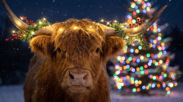 Christmas highland cow scotland decorated with lights. 4K Video
