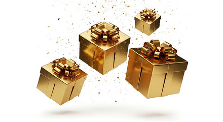 golden gift boxes with shiny bows and gold confetti floating on white background ideal for luxury branding and festive advertising.