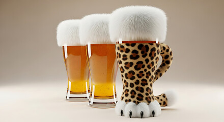 leopard print beer mug with white fur foam paw base and tail handle and two glasses a creative concept for branding.