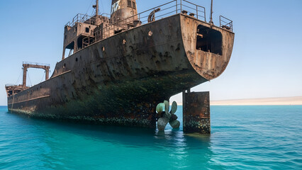 Rusted abandoned shipwreck stranded on a shallow sandbar in turquoise waters under a clear sky