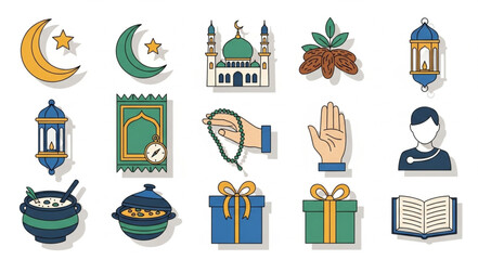 Islamic cultural symbols and objects collection illustration.