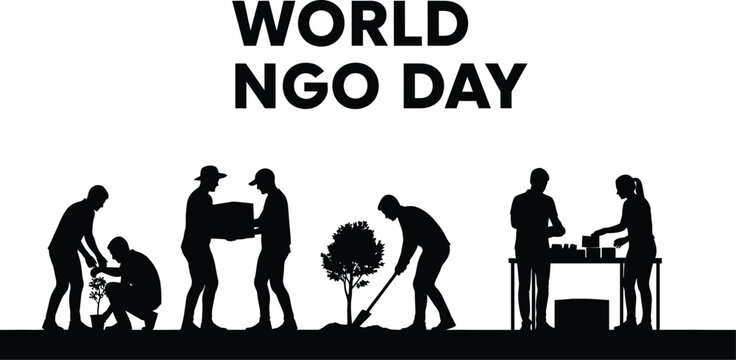 Silhouettes of diverse volunteers actively participating in various community service tasks symbolizing global outreach for world non governmental organization day celebration