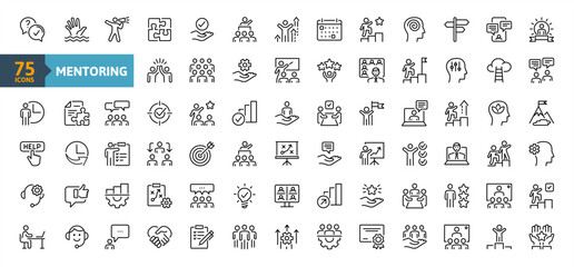 Business Сoaching outline icon collection. Containing professional development, mentee relationship, career advice, leadership, knowledge sharing, personal growth icons set. Simple line vector.