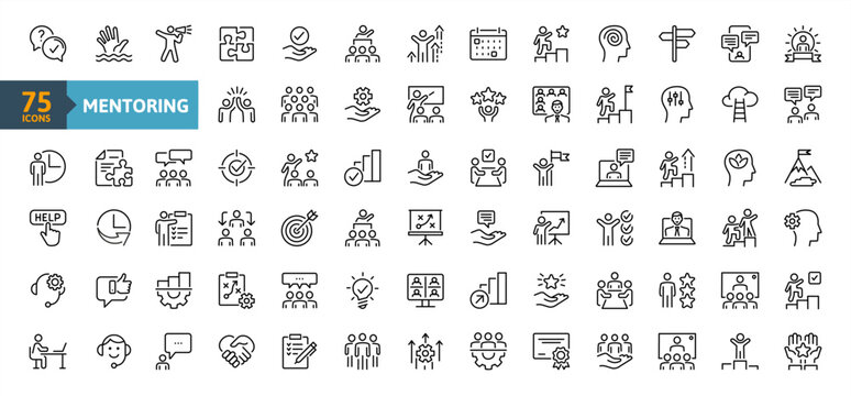 Business Сoaching outline icon collection. Containing professional development, mentee relationship, career advice, leadership, knowledge sharing, personal growth icons set. Simple line vector.