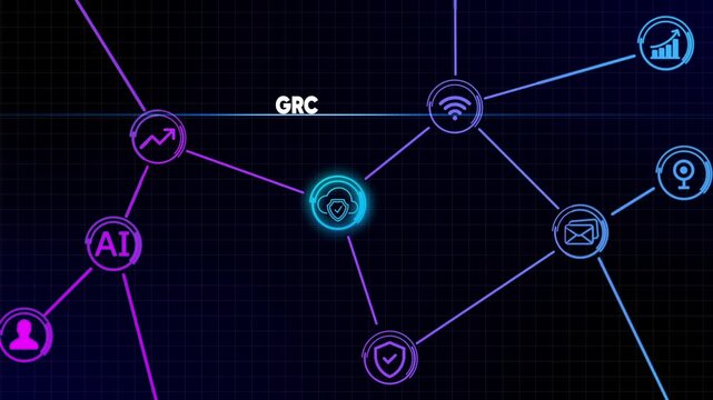 Digital Network Connections with GRC and AI Icons on Dark Grid Background technology data