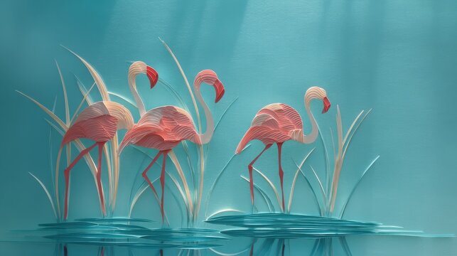 Paper art flamingos in water with reeds
