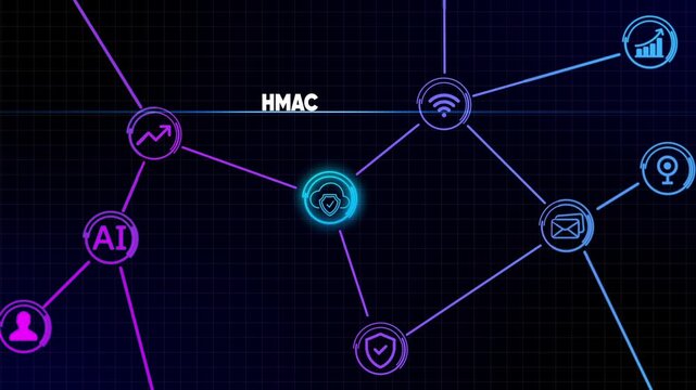Digital network connecting AI cloud security and data icons with HMAC text HMAC artificial intelligence