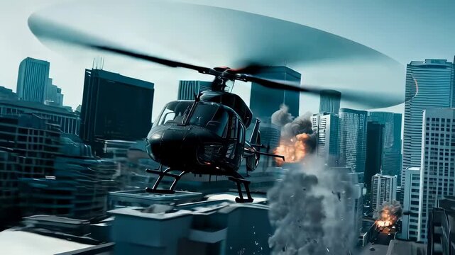 Helicopter escaping from the explosion in city with fire and debris during action movie scene